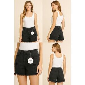 Umgee Denim Black Distressed Fray Hem Shorts Size 7 NWT High Rise Raw Edge